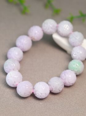 #H770一串冰糯种淡紫飘绿花天然A货翡翠雕花珠子手串手链