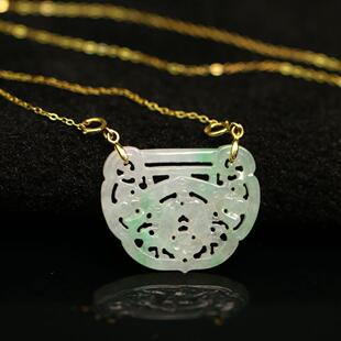 特价#B796 冰糯底飘绿花天然A货翡翠吉庆有余小锁锁骨链吊坠