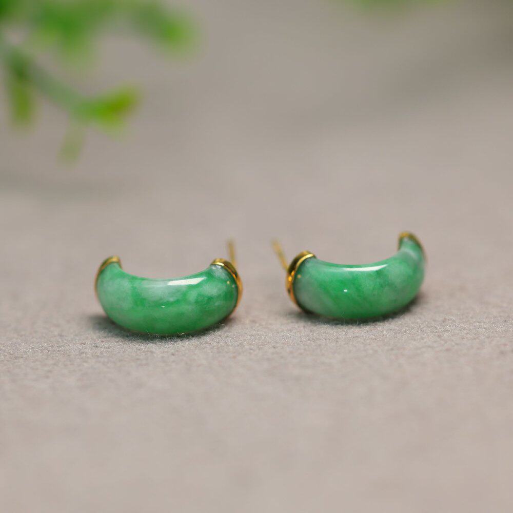 #I341 18K金镶嵌冰种阳绿天然A货翡翠半圈耳钉耳饰