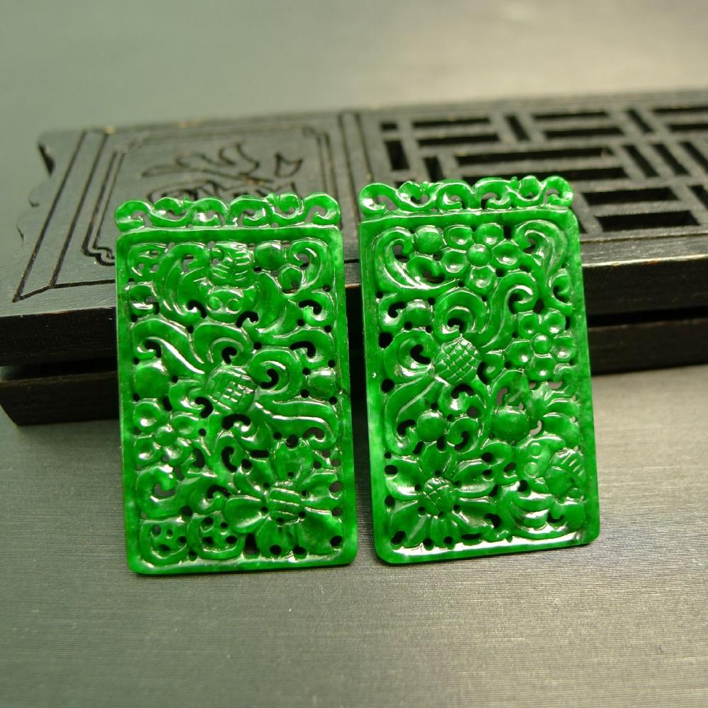 翡翠镂空方形雕花吊坠花片