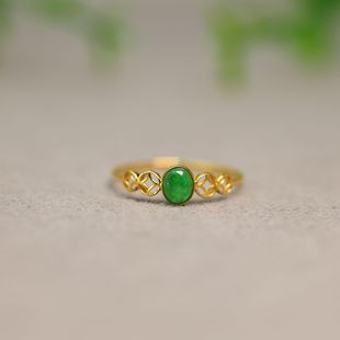 简约女戒 18K金镶嵌冰种满绿缅甸天然A货翡翠小蛋面戒指时尚 J738