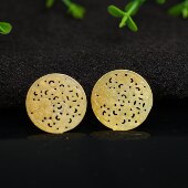 K065一对冰种天然A货黄翡镂空雕花圆形耳坠吊坠花片