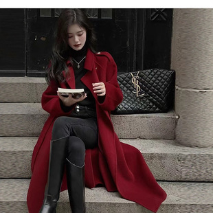 高级女式时尚百搭红色长款双面羊绒大衣羊毛百分百毛呢外套小个子