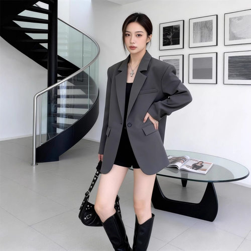 春季大码女装灰色小西装外套