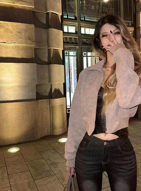 PrettyDragon收腰插肩显瘦工装麂皮短款上衣外套女春季飞行员夹克