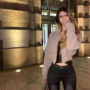 PrettyDragon收腰插肩显瘦工装麂皮短款上衣外套女春季飞行员夹克