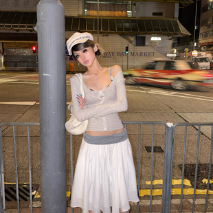 PrettyDragon休闲微透条纹u领多穿防晒打底开衫长袖T恤女外套春夏