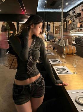 PrettyDragon 复古辣妹低腰显瘦热裤超短修身黑色牛仔短裤女性感