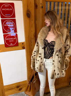 PrettyDragon豹纹大毛领中长款环保皮草加厚毛茸茸外套皮毛一体女