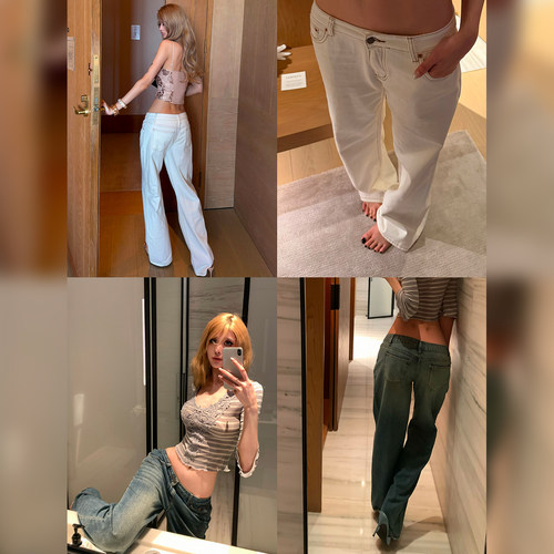 Withlynlyn大聋复古美式两色垂顺低腰阔腿遮胯水洗牛仔裤拖地长裤