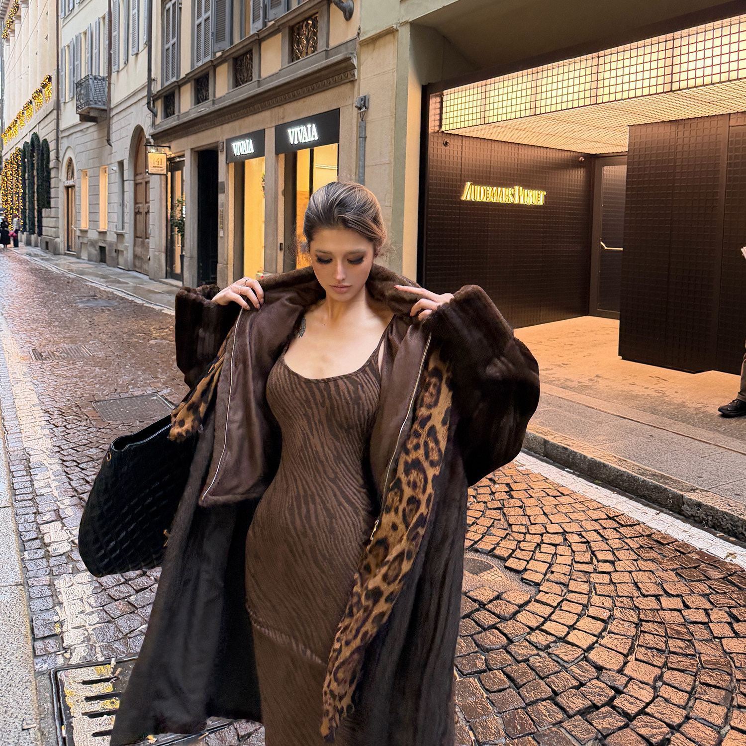 虎纹丝绒人鱼长款百搭秋冬连衣裙