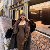 PrettyDragon虎纹丝绒人鱼长款 连衣裙百搭秋冬修身 显瘦吊带长裙女