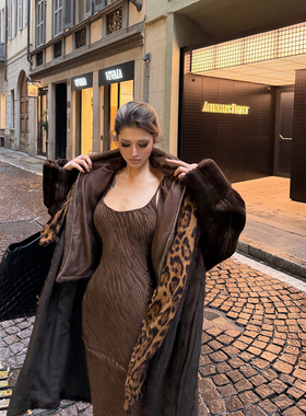 PrettyDragon虎纹丝绒人鱼长款连衣裙百搭秋冬修身显瘦吊带长裙女