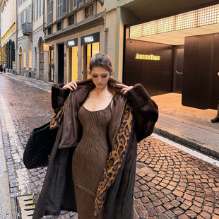 PrettyDragon虎纹丝绒人鱼长款 显瘦吊带长裙女 连衣裙百搭秋冬修身