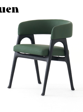 如恩 意式极简风格餐椅绿色皮质椅子设计师款餐厅凳子实木凳CY312