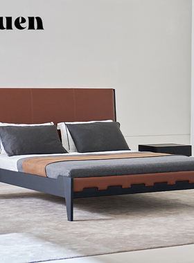 如恩Talamo 塔拉莫意式极简风格真皮床中古风家具实木双人床BD112