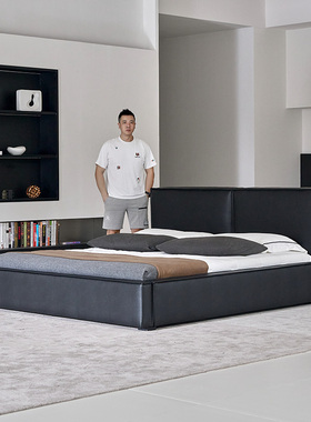 如恩 豆腐块黑色头层小牛皮真皮床现代极简风格双人床主卧床BD188