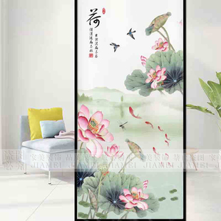 定制卫生间门防走光玻璃贴纸中国风荷花图客厅厨房推拉门窗户贴膜