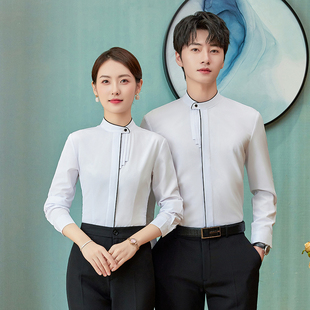 男女同款职业衬衫女前台接待收银服务员工装中国风餐饮衬衣工作服