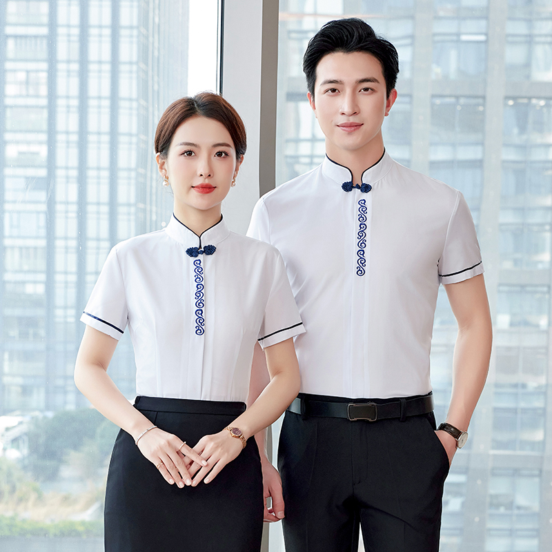 男女同款夏立领短袖绣花衬衫中式风衬衣通勤酒楼OL工作服制服工装