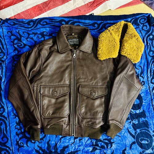 美版G1皮衣纯色飞行服皮夹克山羊皮复古真羊毛领外套军事风Jacket