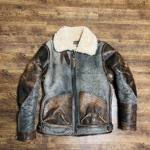 D3投弹手B3皮毛一体飞行夹克长卷毛爆裂纹局部脱色复古皮衣重水洗
