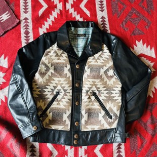 定制青果领马皮印第安风格 皮夹克纳瓦霍图案拼接男机车皮衣外套