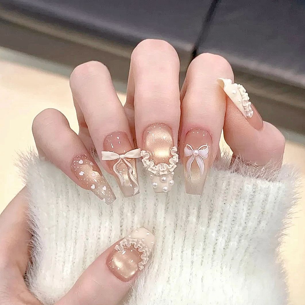 【奶油蛋糕】纯手工穿戴甲高货精品猫眼法式蝴蝶结高级感爆款美甲