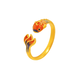 老庙黄金足金999古法鎏彩财福有余鱼开口戒指锦鲤福气年年有余礼