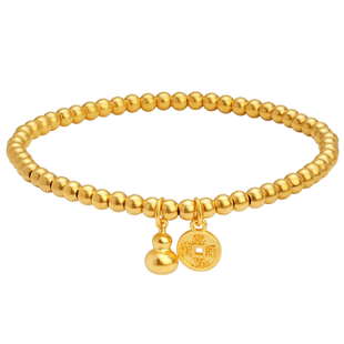 老庙黄金古法金福禄前途圆珠足金999手串弹力手饰送礼官方正品