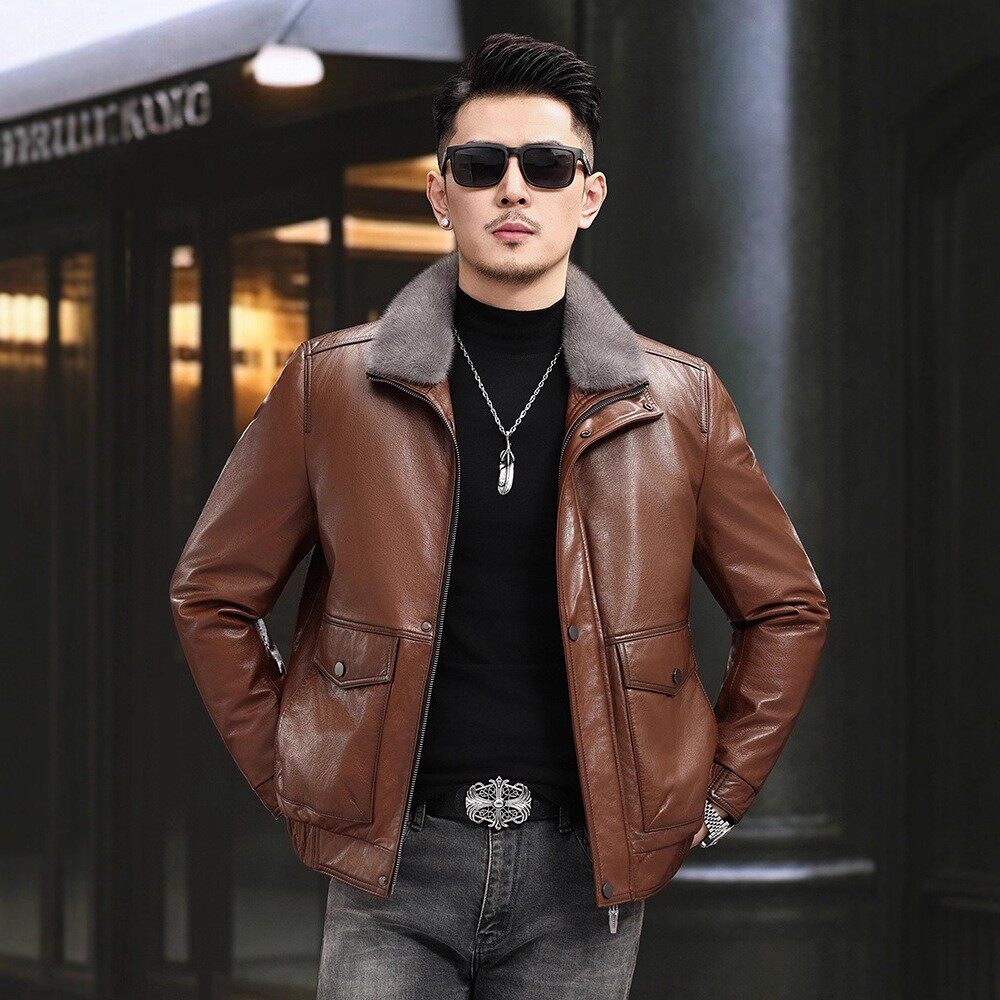 海宁头层牛皮可拆水貂内胆皮衣男