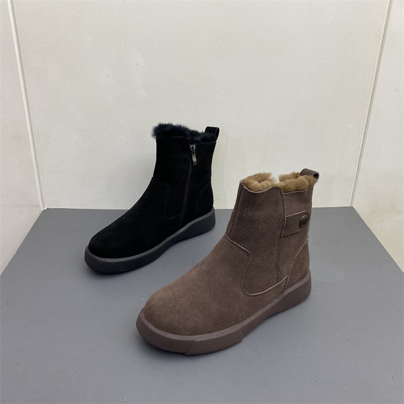 磨砂牛皮圆头平底加绒雪地靴短靴