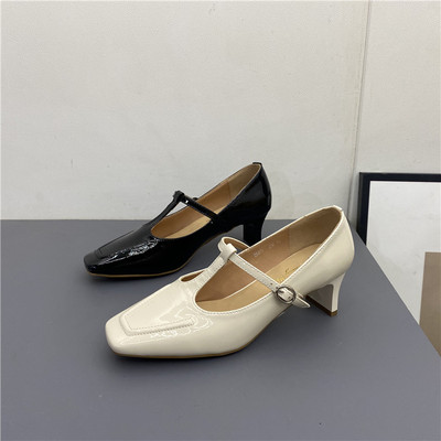 头层牛皮方头粗跟中跟扣带单鞋