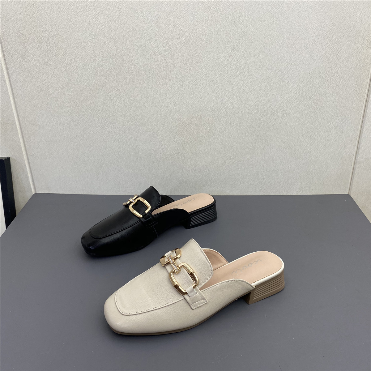 牛皮方头包头低跟百搭懒人半拖