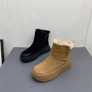 品牌断码 秋冬牛反绒圆头厚底软底加绒雪地靴女 真皮靴子女2023新款