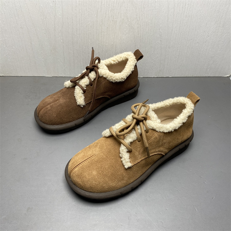 系带圆头低跟加厚保暖单鞋女