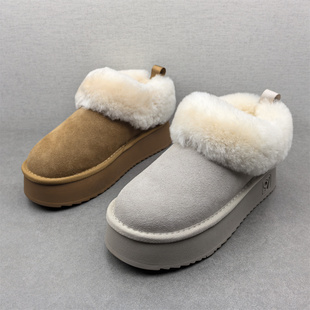 品牌断码真皮靴子女2025新款冬款牛反绒圆头厚底加绒羊毛口雪地靴