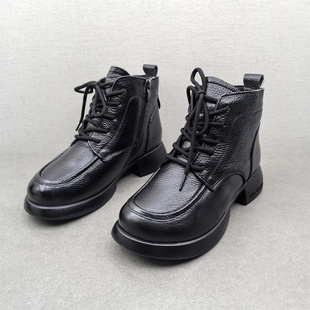 品牌断码真皮靴子女2025新款冬款牛皮短靴低跟圆头羊毛保暖马丁靴