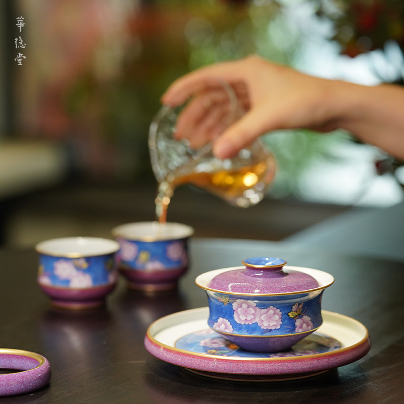 华隐堂官方｜紫钧青花蓝地斗彩桃花手绘盖碗岩茶功夫泡茶具器图片