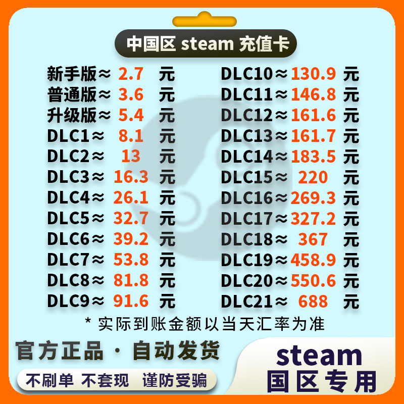 自动发货】国区Steam充值卡中国账户充值余额CSGO钥匙 黑神话悟空