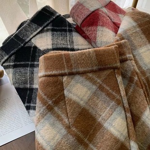 显瘦高腰包臀裙子 2024年新款 2025新款 红色格子毛呢半身裙女秋冬季