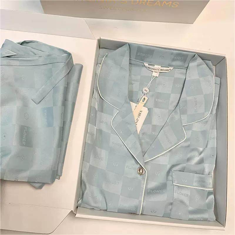 2025新款ins睡衣女春秋季冰丝长袖高级感格子提花真丝绸大码