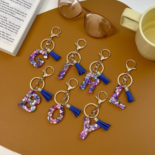简约款 字母钥匙扣时尚 26个字母七彩石头树脂 欧美跨境热卖 2025新款