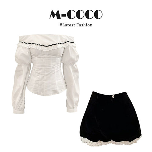 2025新款时髦洋气白色一字领收腰镂空衬衫上衣女修身显瘦短裤套装