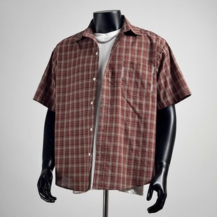 翻领百搭半截袖 2025新款 男2025夏季 衬衫 纯棉刺绣 日系复古格子短袖