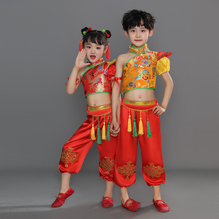 2025新款 儿童喜庆中国风打鼓演出服开门红民族舞蹈服男女童腰鼓