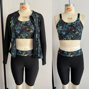 2025新款 女背心泳衣三件套跨境速卖通性感亚马逊上衣 欧美印花套装