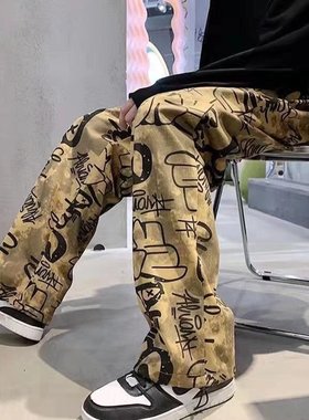 2025新款港风复古裤子男潮牌ins韩版潮流宽松直筒痞帅印花高街