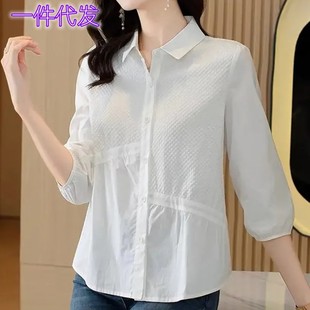 2025新款外贸流行衬衫2023夏款女装打底衫宽松遮肚子七分袖中年