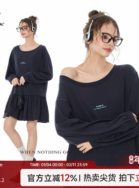 Turn Signal潮牌大圆领连衣裙女秋2025新款休闲宽松长袖T恤连身裙